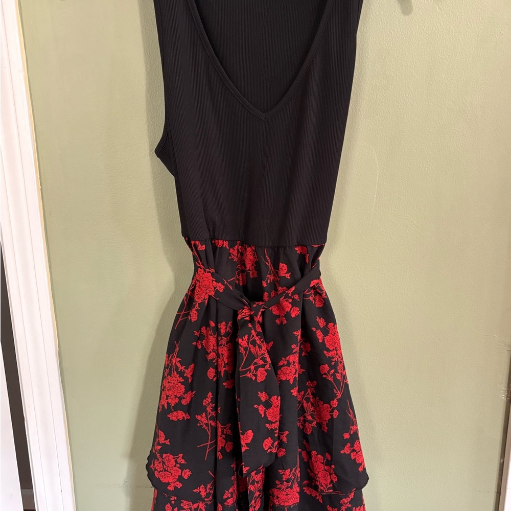 SHEIN Black V‑Neck Bodice with Red Floral Tiered Skirt Mini Dress